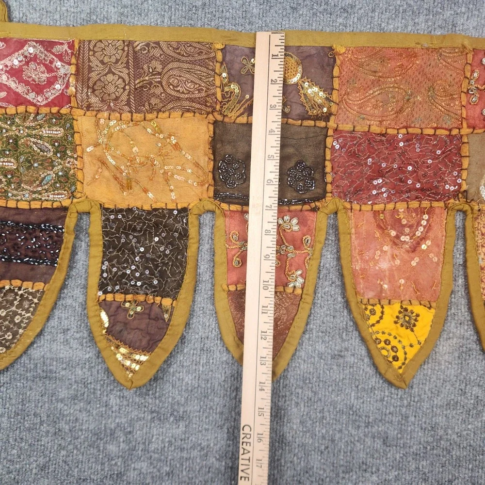 Vintage Indian Sari Patchwork Valance Embroidered Sequin Toran Gold 43x13.5